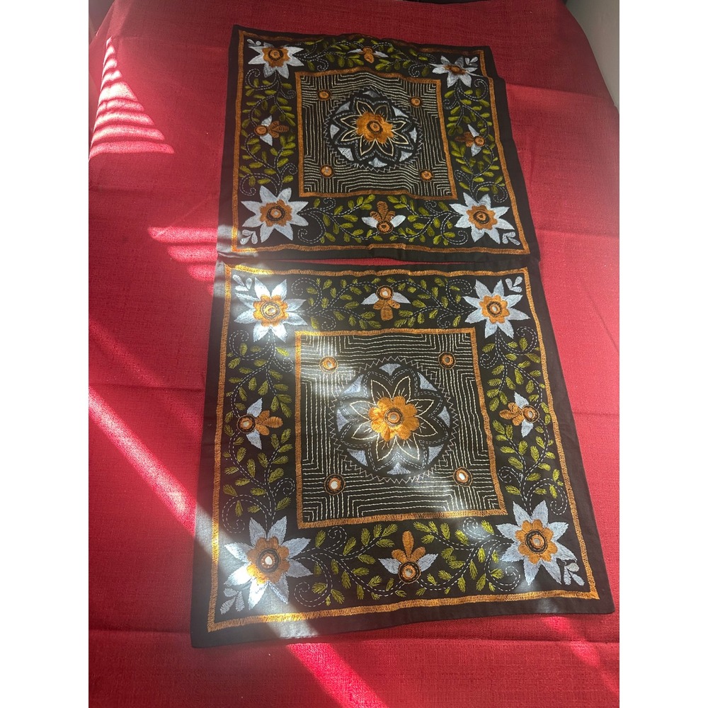 Aarong Bangladesh Embroidered Mirror Work Pillow Covers Black Cotton Set of 2